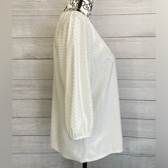 W5 | Women’s White Swiss Dot V-Neck 3/4 Sleeve Button Down Blouse - Picture 4 of 7